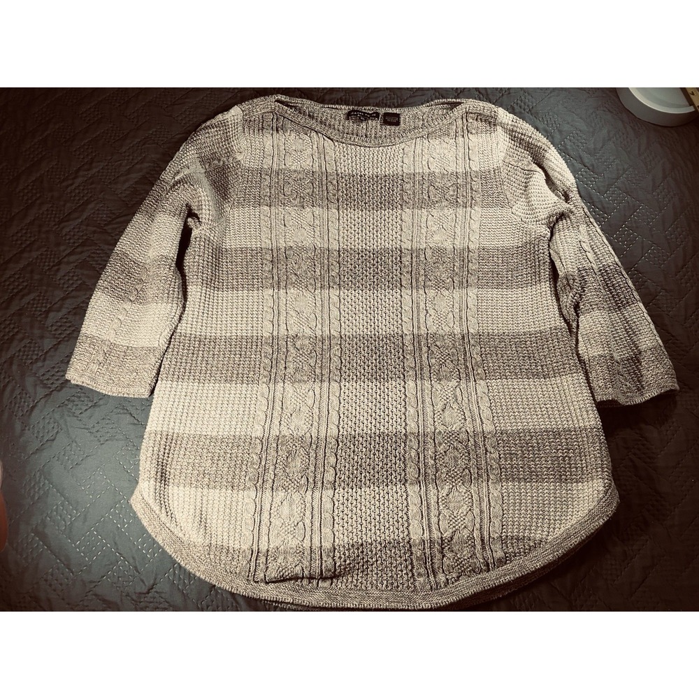 Oversize Chunky Womens XL Tan Cable Knit Striped 3/4 Sleeve Sweater‎ Fisherman
